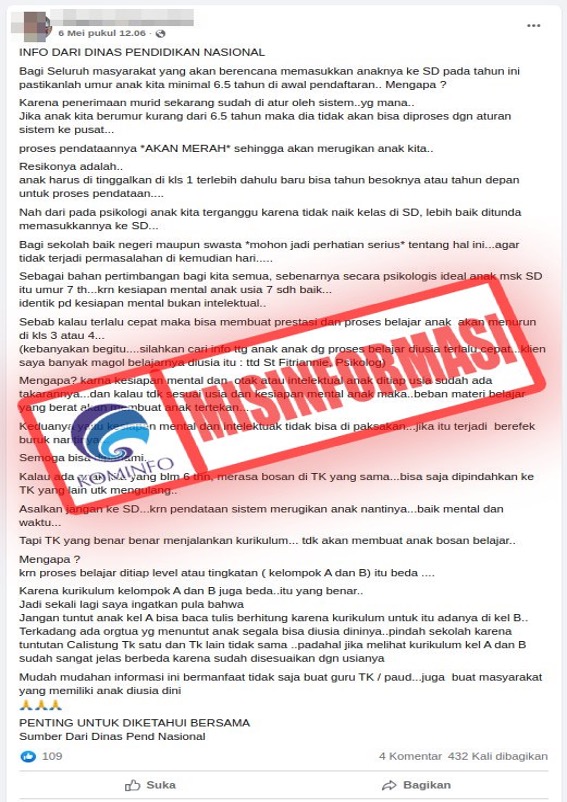 [MISINFORMASI] Peserta Didik Baru Jenjang SD Minimal Berusia 6,5 Tahun