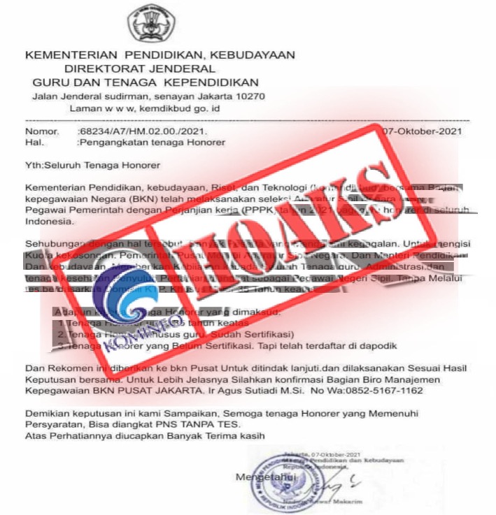 [HOAKS] Surat Edaran tentang Pengangkatan Tenaga Honorer Mengatasnamakan Kemendikbudristek