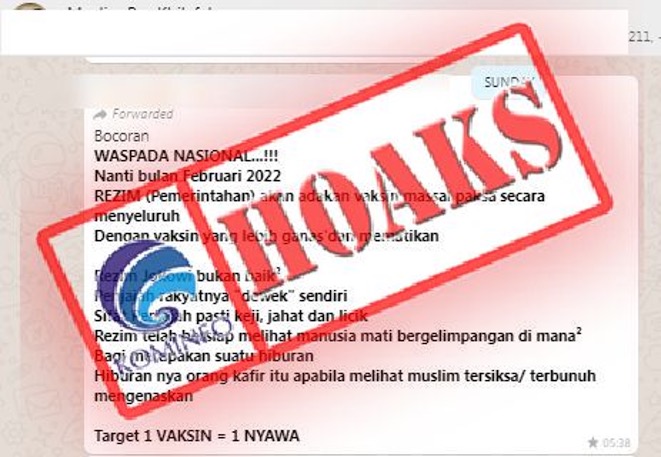 [HOAKS] Rezim Jokowi akan Gelar Vaksinasi Massal secara Paksa dan Mematikan pada Februari 2022