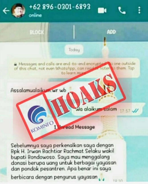 [HOAKS] Pesan WhatsApp Mengatasnamakan Wakil Bupati Bondowoso Meminta Sumbangan