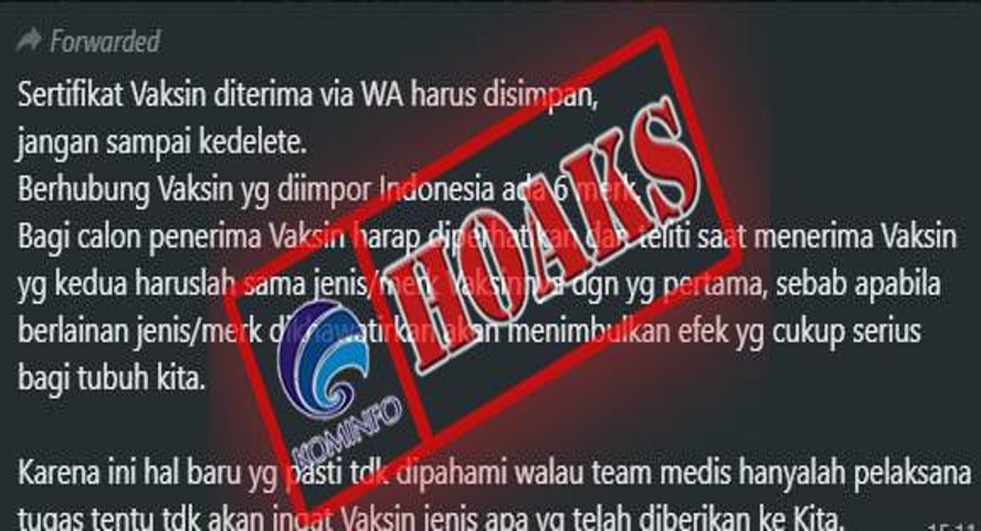 [HOAKS] Tim Medis Lupa Jenis Vaksin yang Digunakan, Sertifikat Vaksin harus Disimpan