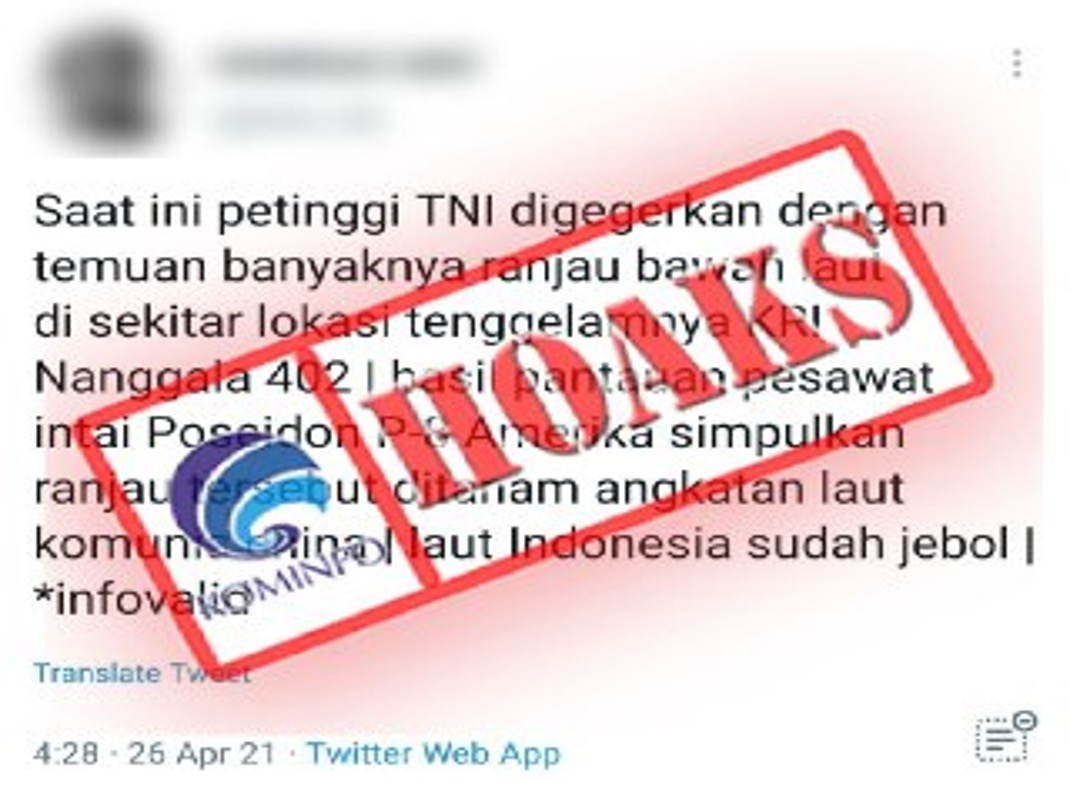 [HOAKS] Ditemukan Ranjau China di Sekitar Lokasi Tenggelamnya KRI Nanggala-402
