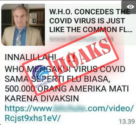 [HOAKS] WHO Akui Covid-19 Sama dengan Flu Biasa dan 500.000 Orang di AS Tewas karena Vaksin