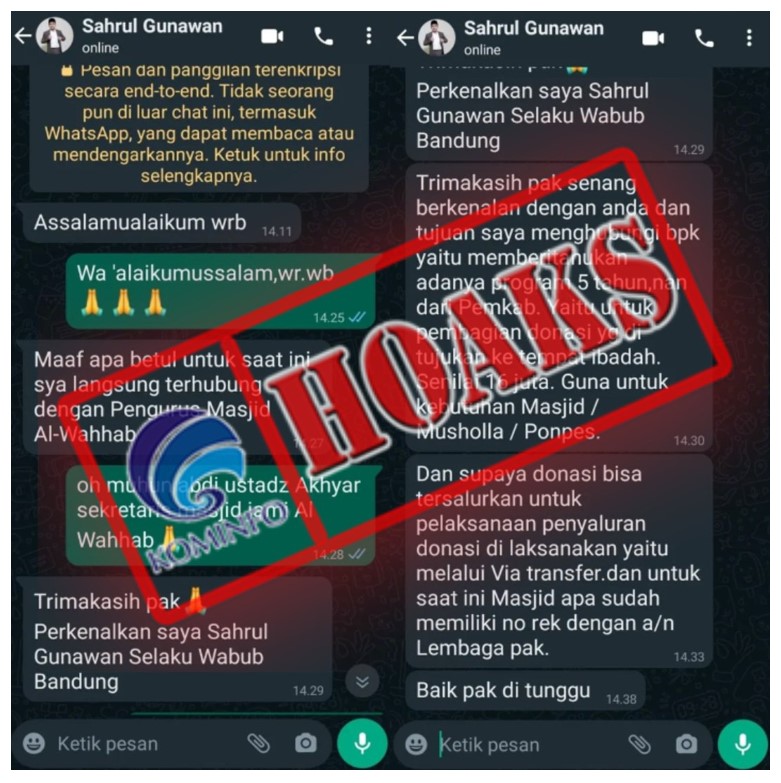 [HOAKS] Pesan WhatsApp Mengatasnamakan Wakil Bupati Bandung Sahrul Gunawan