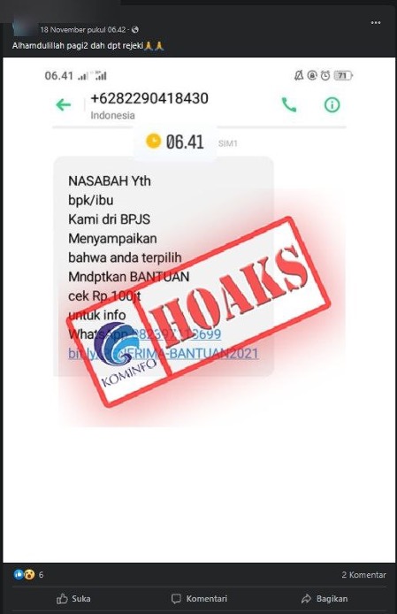 [HOAKS] SMS dari BPJS Berikan Bantuan Rp100 Juta
