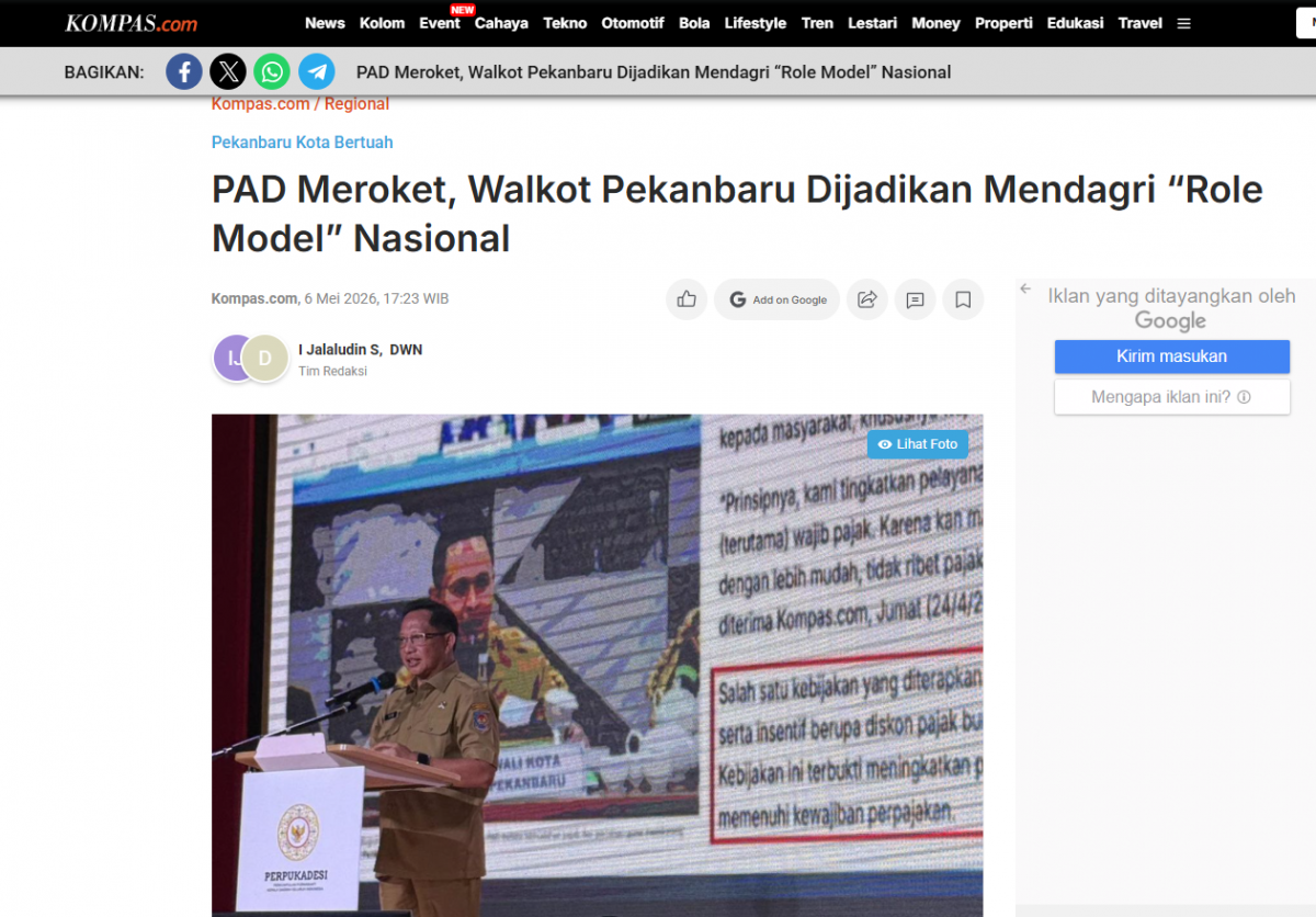 PAD Meroket, Walkot Pekanbaru Dijadikan Mendagri “Role Model” Nasional