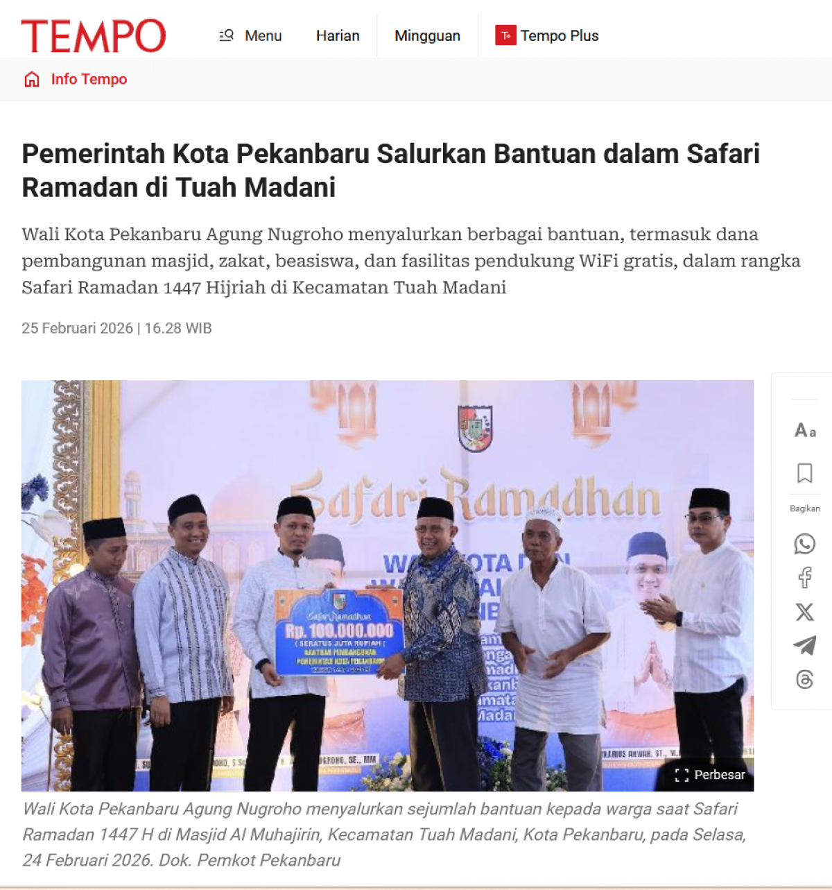 Pemerintah Kota Pekanbaru Salurkan Bantuan dalam Safari Ramadan di Tuah Madani