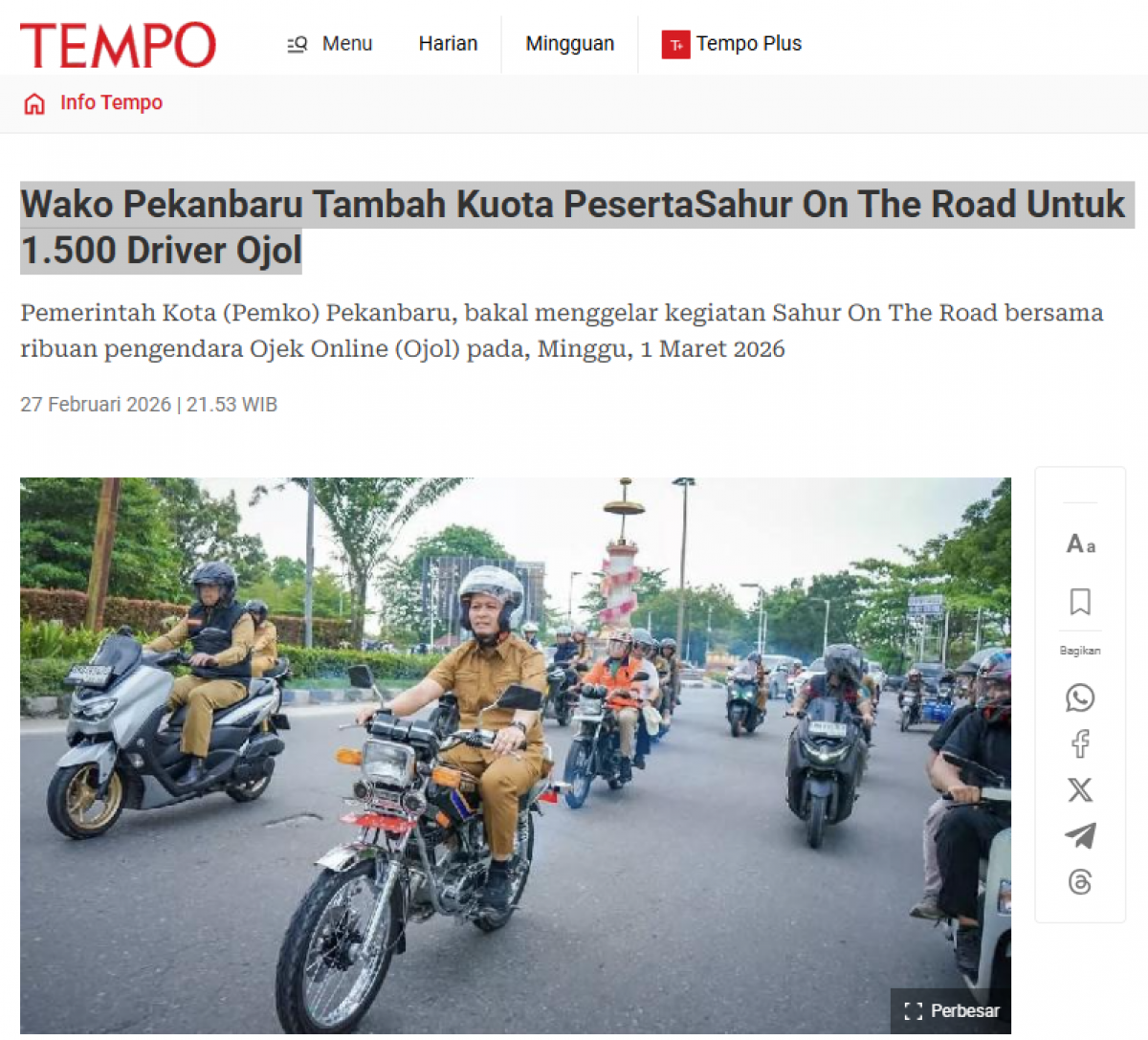 Wako Pekanbaru Tambah Kuota PesertaSahur On The Road Untuk 1.500 Driver Ojol