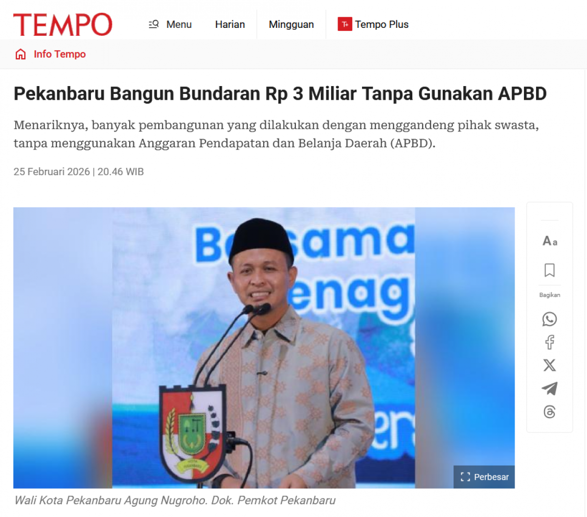 Pekanbaru Bangun Bundaran Rp 3 Miliar Tanpa Gunakan APBD