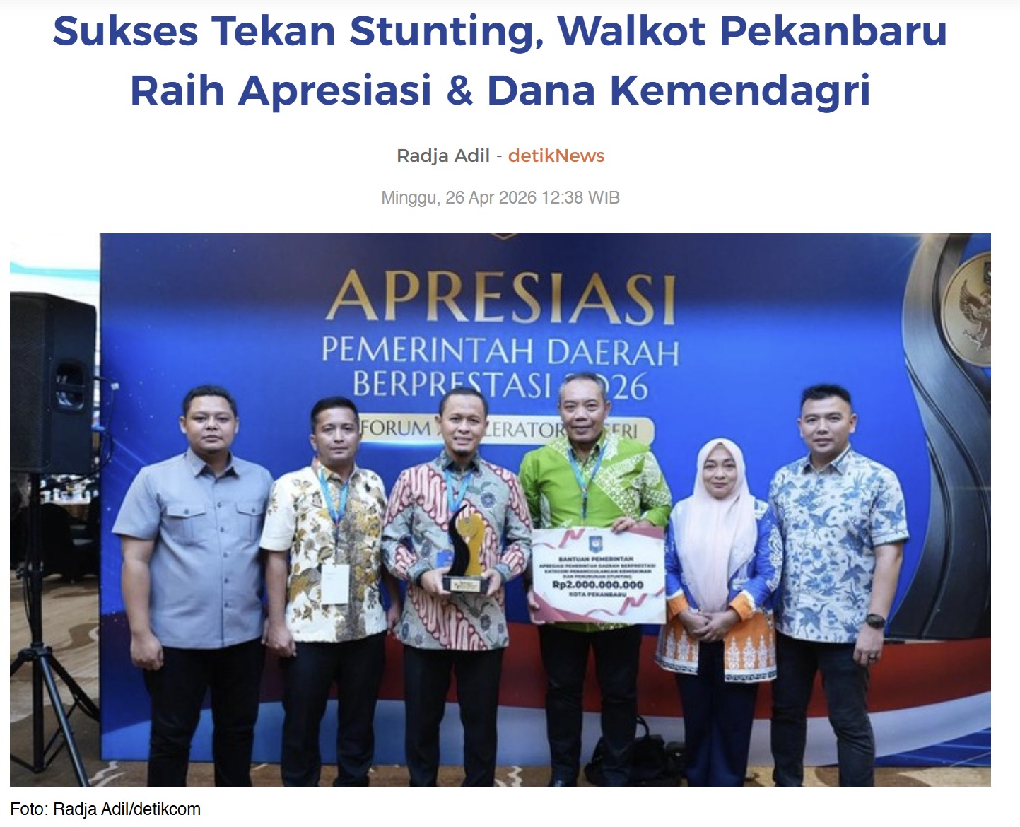 Sukses Tekan Stunting, Walkot Pekanbaru Raih Apresiasi & Dana Kemendagri