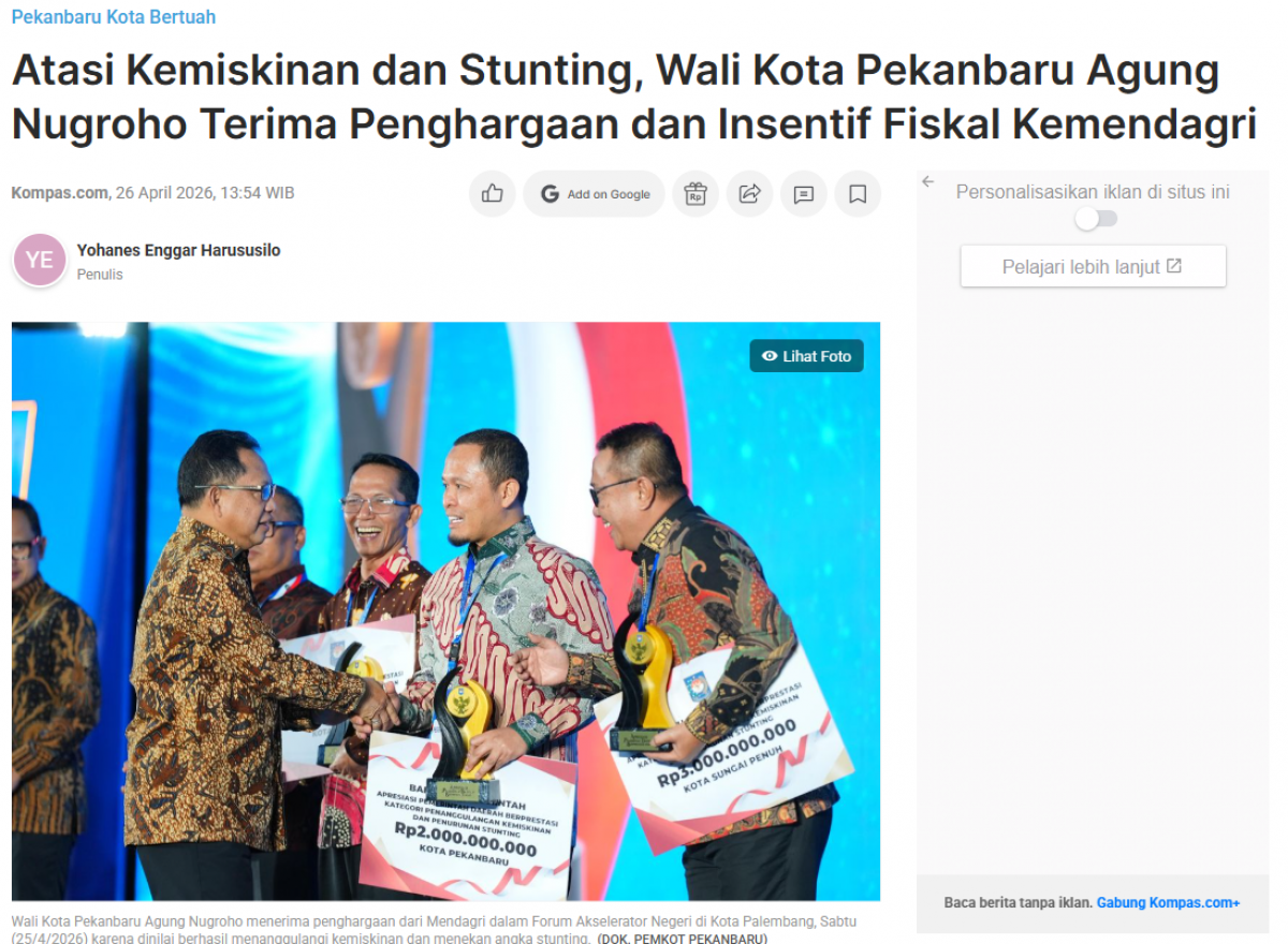 Atasi Kemiskinan dan Stunting, Wali Kota Pekanbaru Agung Nugroho Terima Penghargaan dan Insentif Fiskal Kemendagri