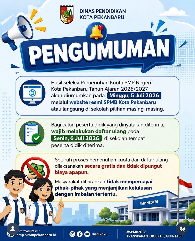 Hasil Seleksi Pemenuhan Kuota SMP Negeri Pekanbaru Diumumkan, Daftar Ulang Dimulai 6 Juli