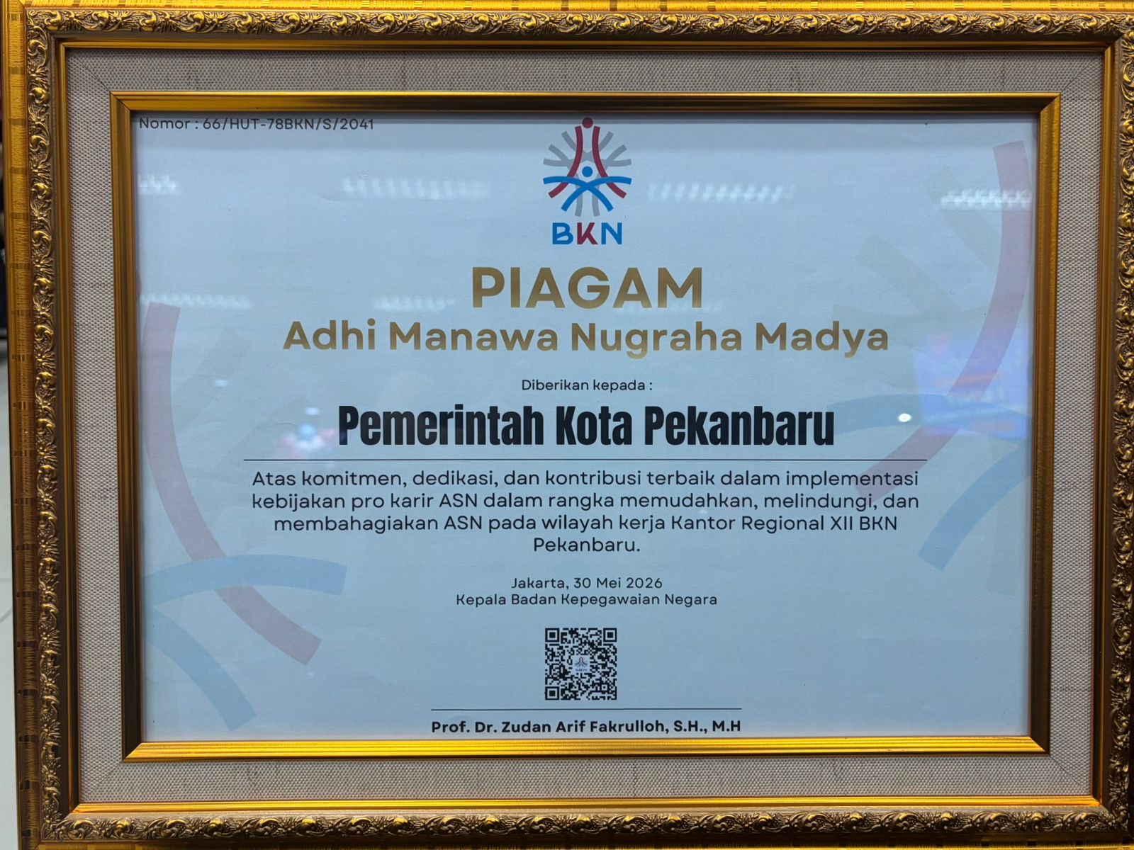 Sukses Terapkan Manajemen ASN, Pemko Pekanbaru Raih Penghargaan dari BKN