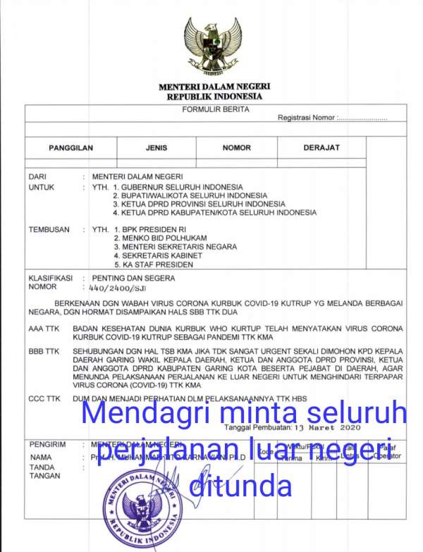 Mendagri Resmi Larang Kepala Daerah dan Pejabat ke luar Negeri Untuk Sementara