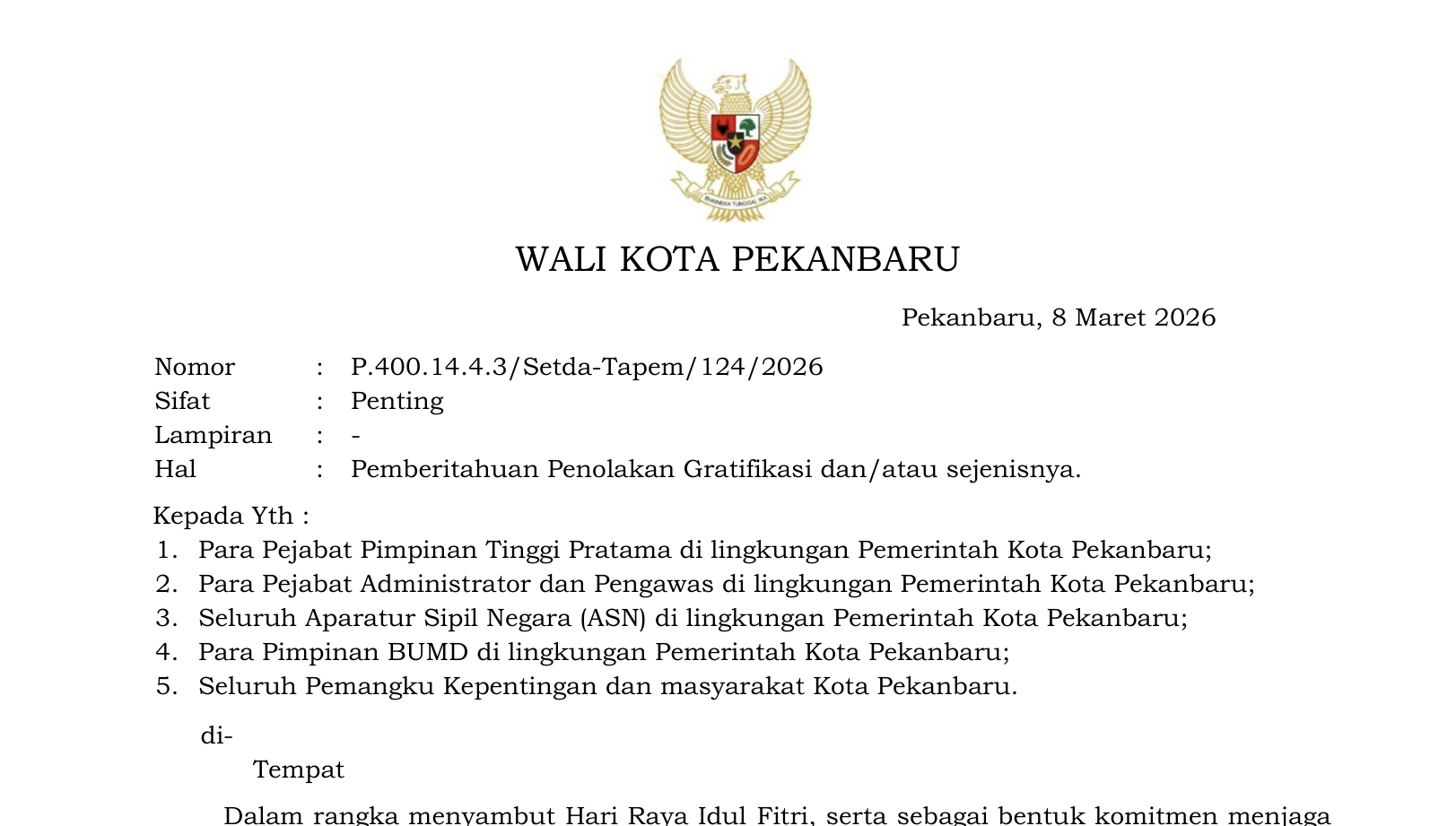 PEMBERITAHUAN TENTANG PENOLAKAN GRATIFIKASI DAN/ATAU SEJENISNYA