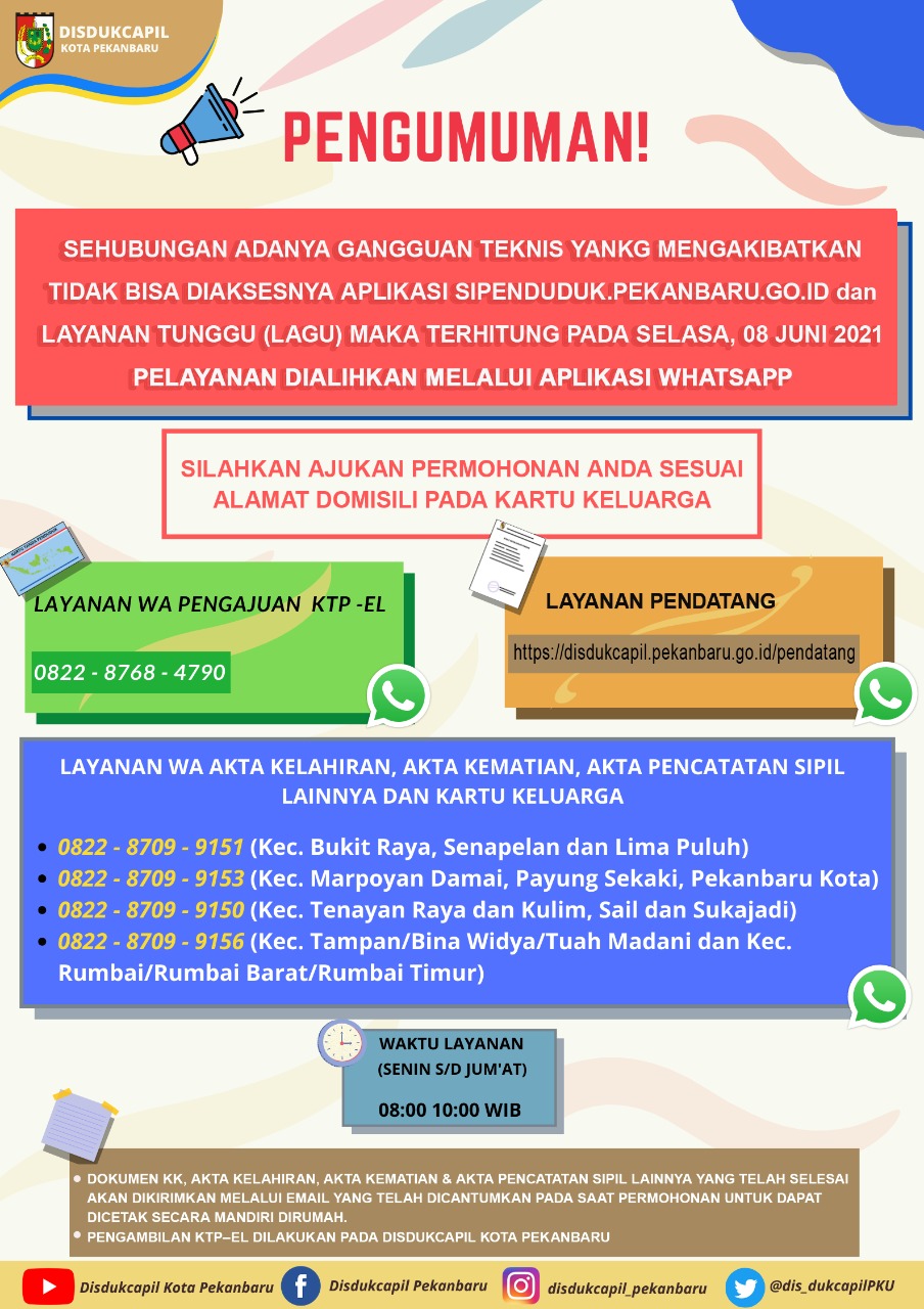 Beberapa Layanan DISDUKCAPIL Kota Pekanbaru Dialihkan Via Whatsapp