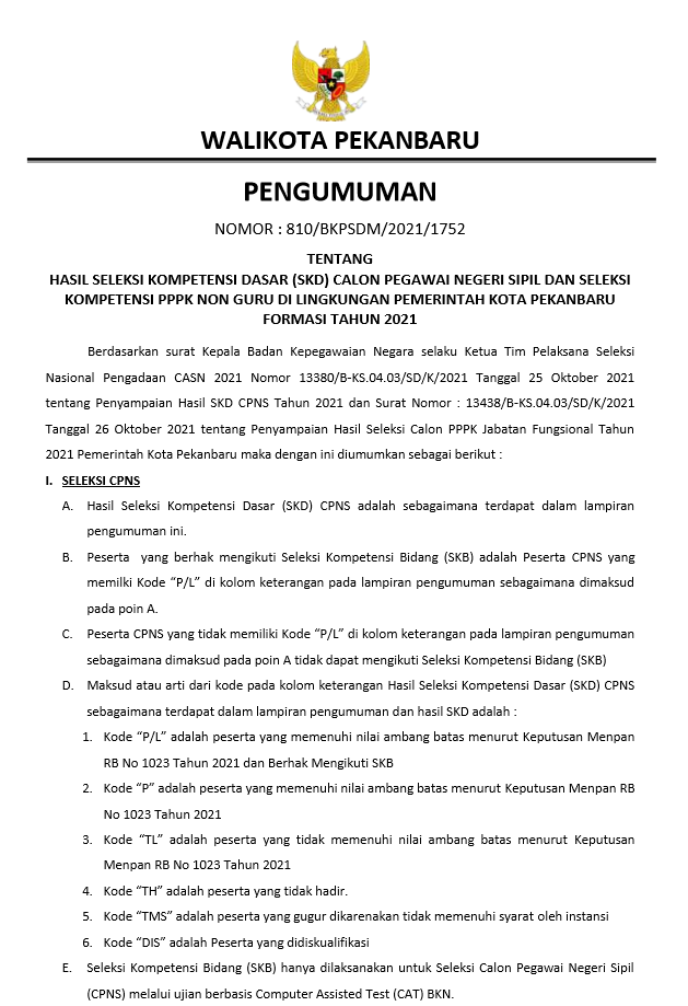 Hasil Seleksi Kompetensi Dasar (SKD) CPNS dan Seleksi Kompetensi PPPK Non Guru di Lingkungan Pemerintah Kota Pekanbaru Tahun 2021