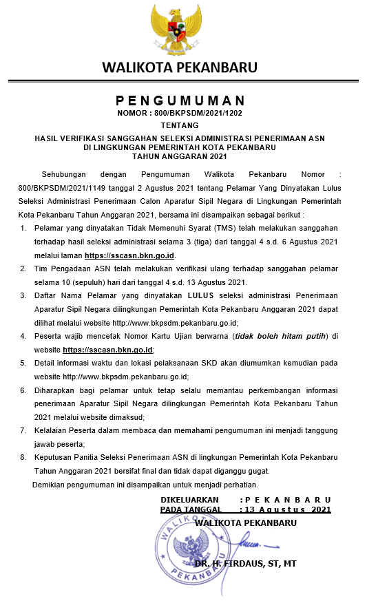 PENGUMUMAN HASIL VERIFIKASI SANGGAHAN SELEKSI ADMINISTRASI PENERIMAAN ASN DI LINGKUNGAN PEMERINTAH KOTA PEKANBARU TAHUN ANGGARAN 2021