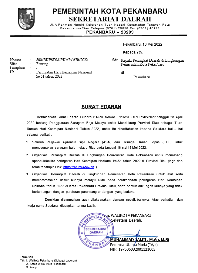 SURAT EDARAN TENTANG PERINGATAN HARI KEARSIPAN NASIOANAL KE-51 DI LINGKUNGAN PEMERINTAH KOTA PEKANBARU