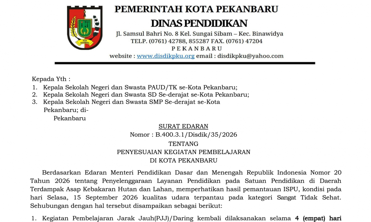 SURAT EDARAN TENTANG PENYESUAIAN KEGIATAN PEMBELAJARAN DI KOTA PEKANBARU