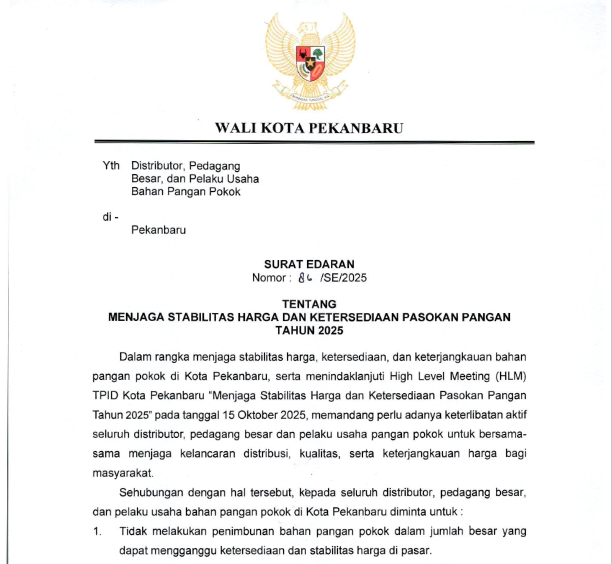 SURAT EDARAN MENJAGA STABILITAS HARGA DAN KETERSEDIAAN PASOKAN PANGAN TAHUN 2025  (Distributor, PB, dan Pelaku Usaha)