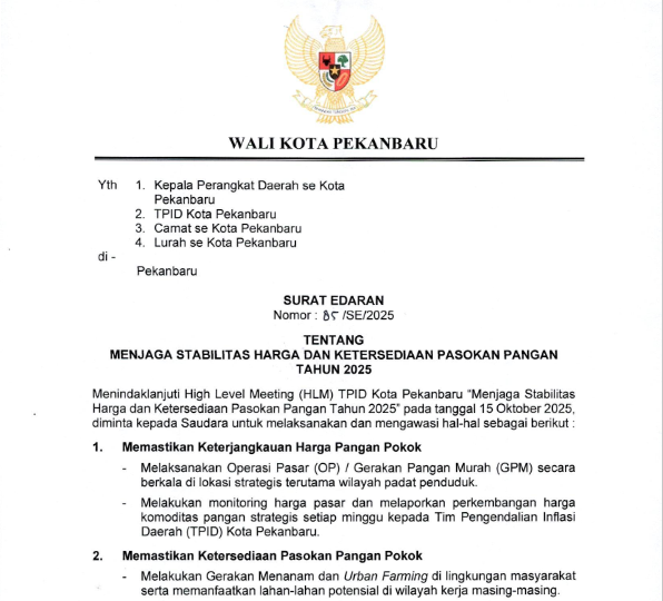 SURAT EDARAN MENJAGA STABILITAS HARGA DAN KETERSEDIAAN PASOKAN PANGAN TAHUN 2025 (Unsur Pemerinta Kota Pekanbaru)