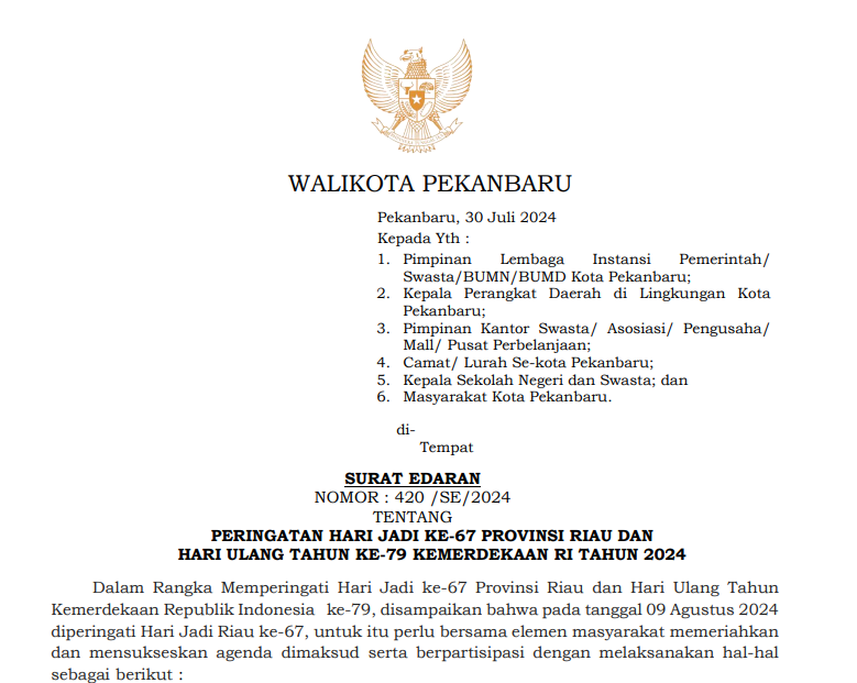 Surat Edaran Wali Kota Pekanbaru Nomor 420/SE/2024 Tentang Peringatan HUT Provinsi Riau ke-67 dan Republik Indonesia ke-79