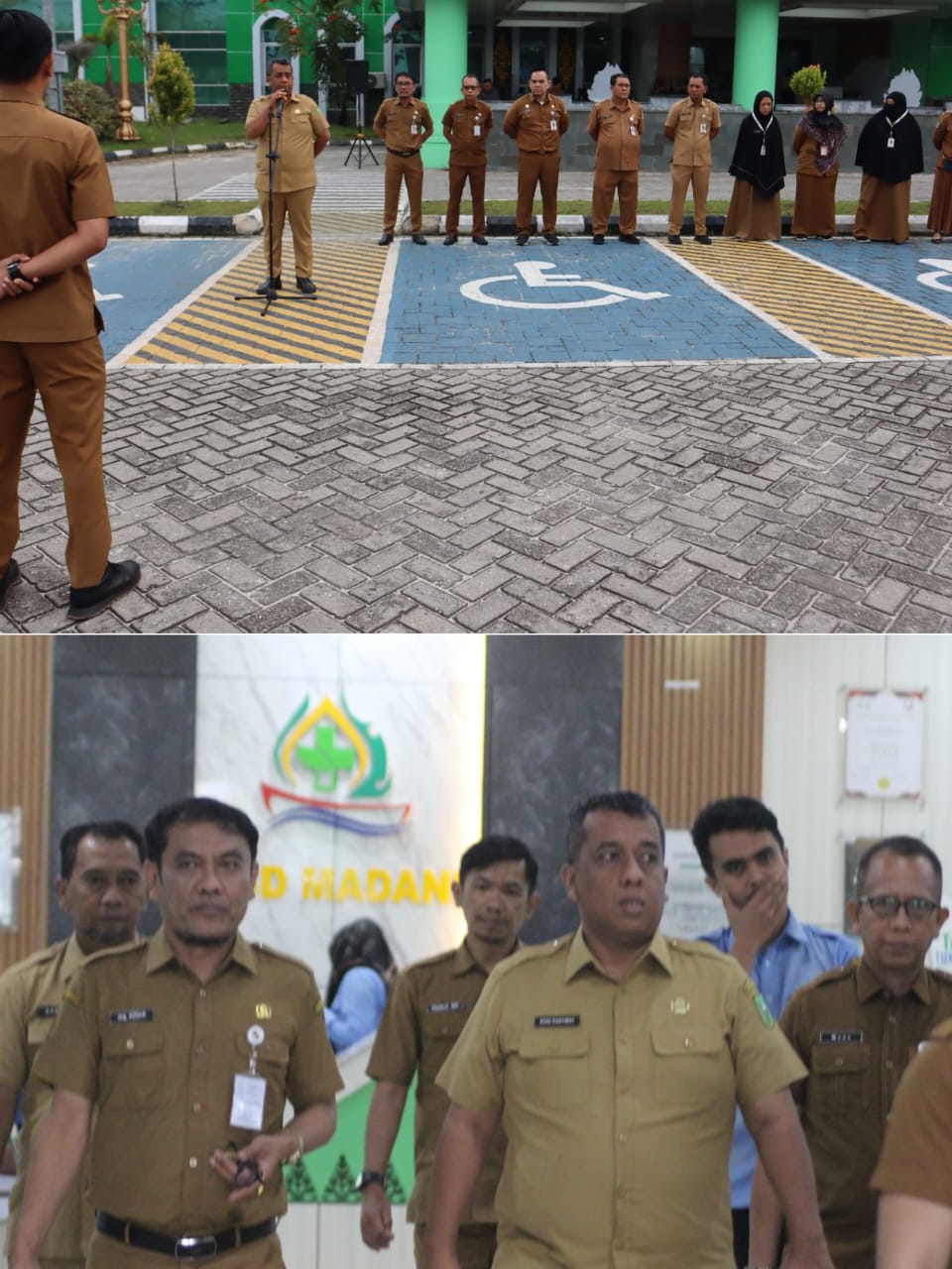Pj Wali Kota (Wako) Pekanbaru Roni Rakhmat S.STP M.Si memimpin apel pagi bersama seluruh ASN dan THL Rumah Sakit Umum Daerah (RSD) Madani, di Jalan Garuda Sakti, Kecamatan Bina Widya, Pekanbaru