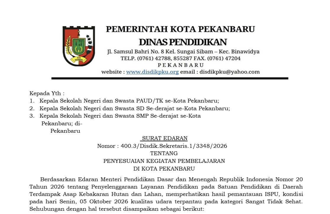 Lindungi Kesehatan Anak dari Dampak Asap, Pemko Pekanbaru Kembali Terapkan PJJ Dua Hari
