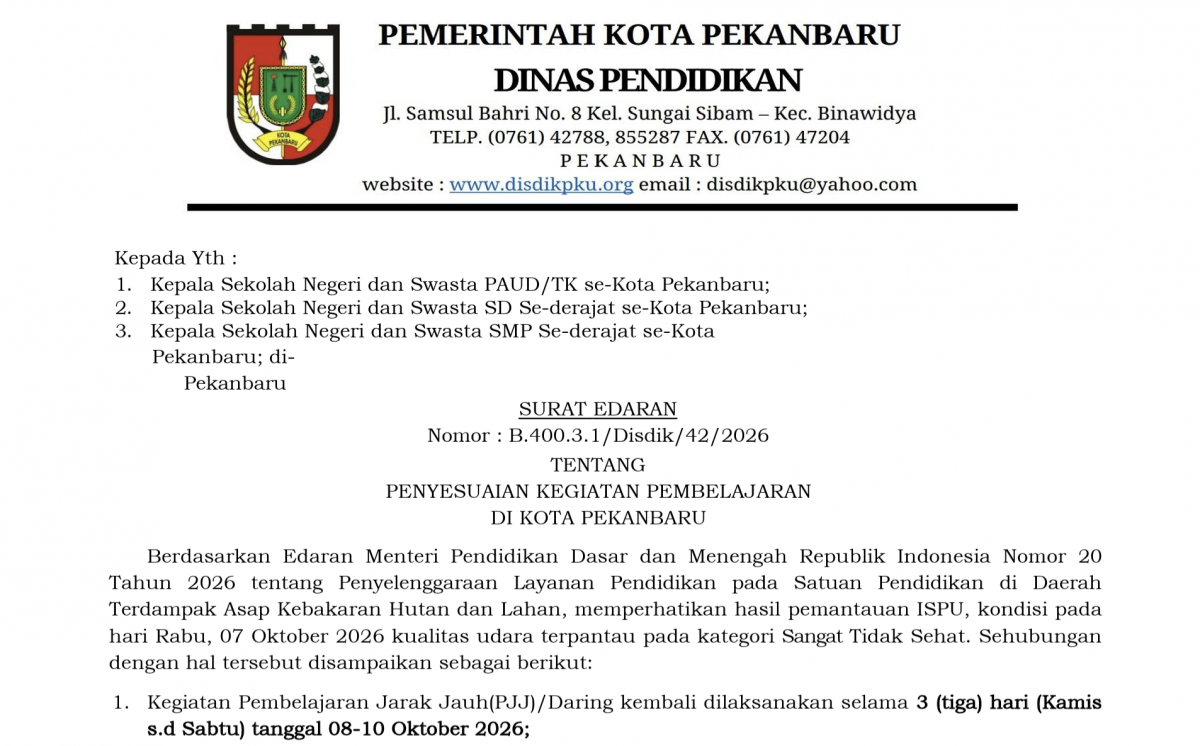 Kualitas Udara Masih Buruk, Pemko Pekanbaru Perpanjang Sekolah PJJ Hingga 10 Oktober 2026