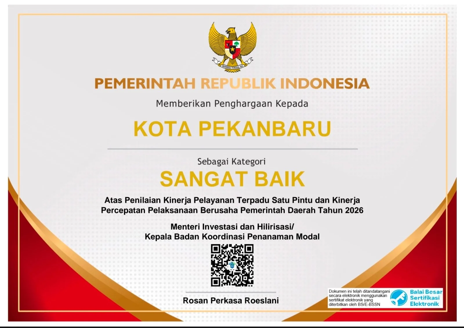 Pemko Pekanbaru raih predikat Sangat Baik pelayanan PTSP nasional