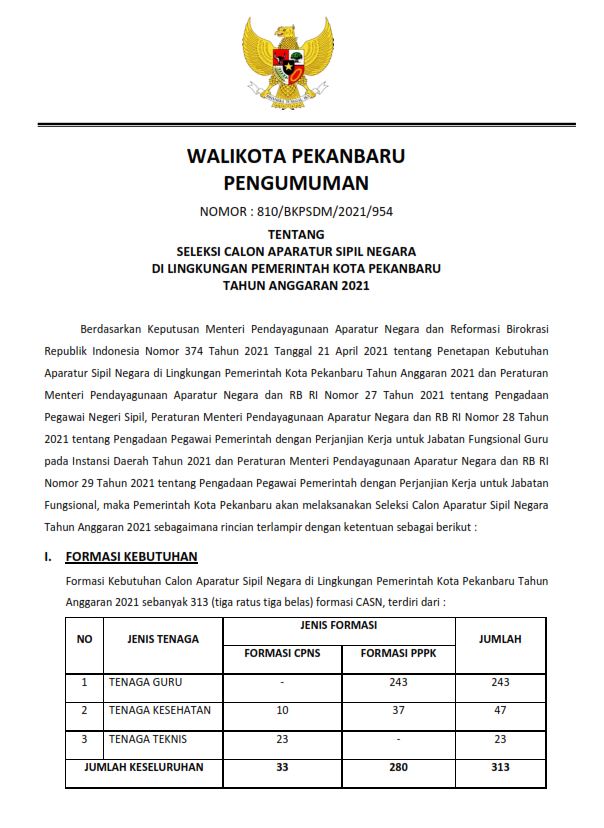 PENGUMUMAN SELEKSI CALON APARATUR SIPIL NEGARA DI LINGKUNGAN PEMERINTAH KOTA PEKANBARU TAHUN ANGGARAN 2021