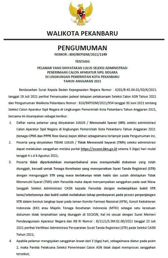 PELAMAR YANG DINYATAKAN LULUS SELEKSI ADMINISTRASI PENERIMAAN CPNS DI LINGKUNGAN PEMERINTAH KOTA PEKANBARU TA 2021