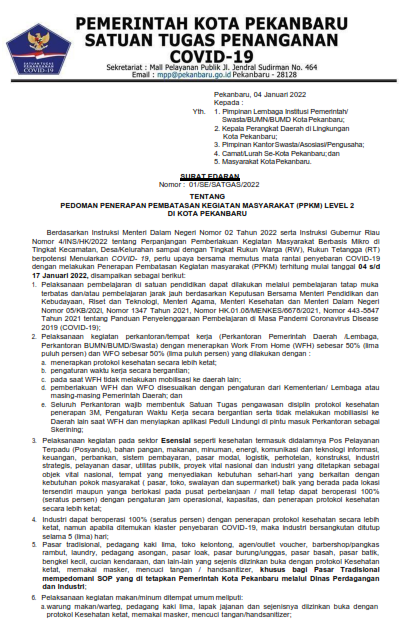 SURAT EDARAN SATGAS PENANGANAN COVID-19 KOTA PEKANBARU TENTANG PEDOMAN PENERAPAN PEMBATASAN KEGIATAN MASYARAKAT (PPKM) LEVEL 2  DI KOTA PEKANBARU