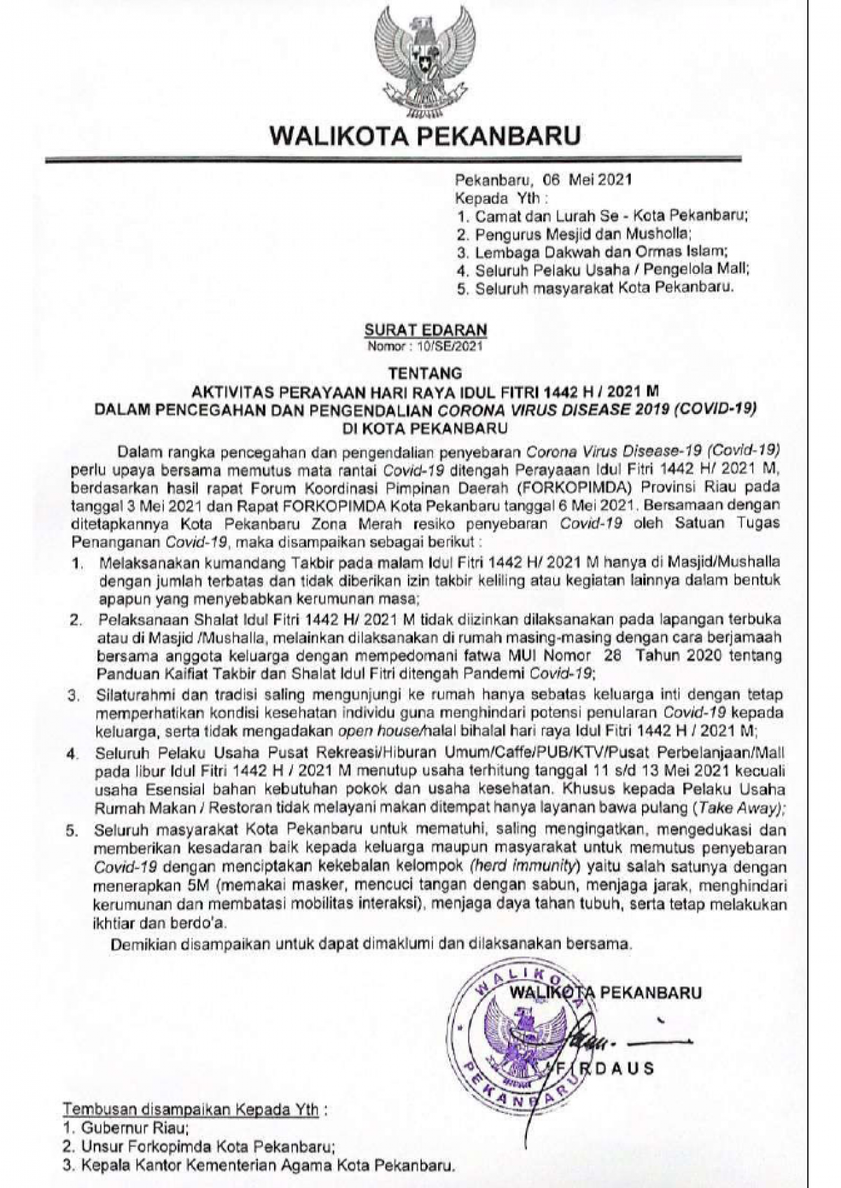SURAT EDARAN TENTANG AKTIVITAS PERAYAAN HARI RAYA IDUL FITRI 1442 H DALAM PENCEGAHAN DAN PENGENDALIAN COVID-19 DI KOTA PEKANBARU