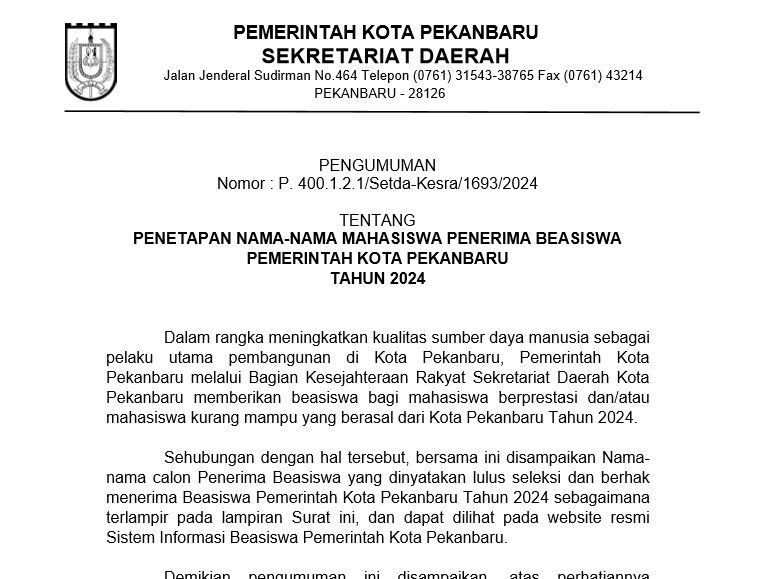 PENGUMUMAN PENETAPAN NAMA-NAMA MAHASISWA PENERIMA BEASISWA PEMERINTAH KOTA PEKANBARU TAHUN 2024