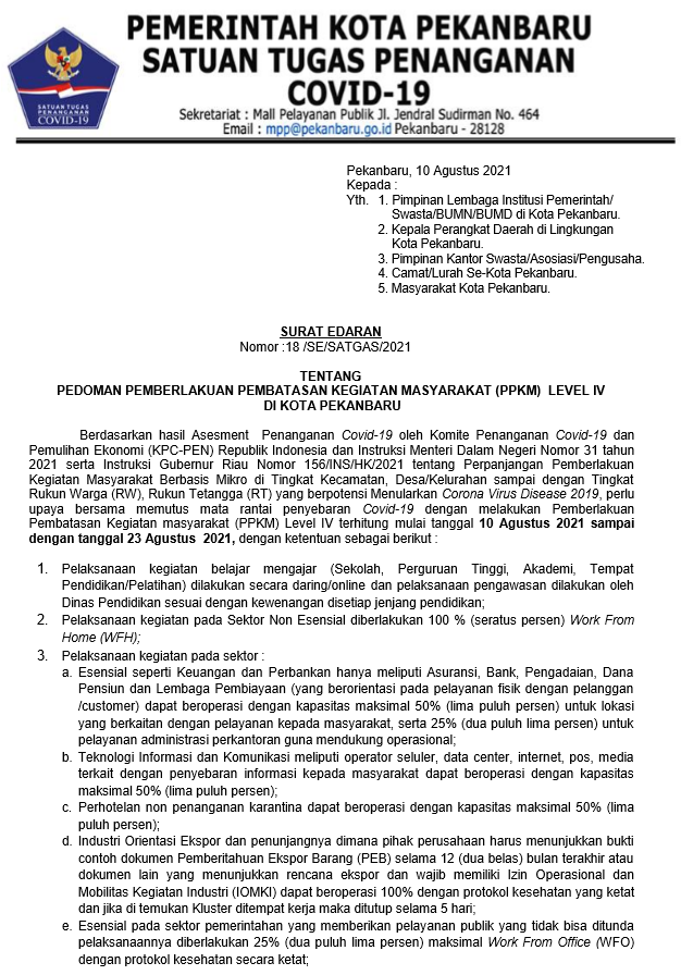 SURAT EDARAN TENTANG PEDOMAN PPKM LEVEL IV DI PEKANBARU (18 /SE/SATGAS/2021)