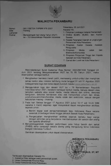 SURAT EDARAN WALIKOTA PEKANBARU NOMOR : 003.1/SETDA-TAPEM/978/2021