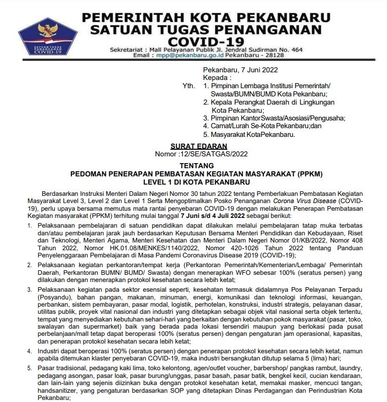 SURAT EDARAN TENTANG PEDOMAN PPKM LEVEL I DI PEKANBARU (12/SE/SATGAS/2022)