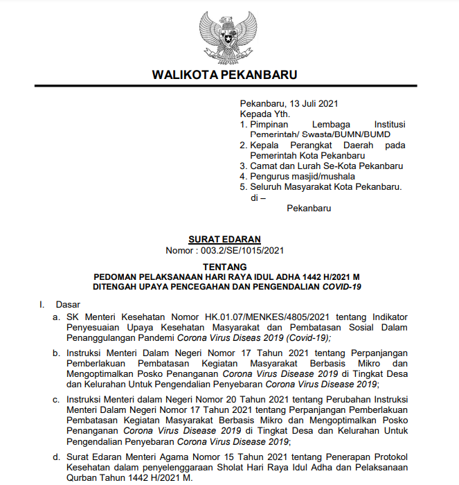 SURAT EDARAN WALIKOTA PEKANBARU TENTANG PEDOMAN PELAKSANAAN HARI RAYA IDUL ADHA 1442 H/2021 M DITENGAH UPAYA PENCEGAHAN DAN PENGENDALIAN COVID-19