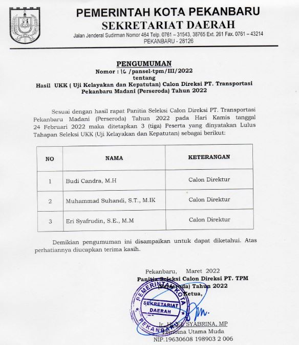 PENGUMUMAN HASIL SELEKSI UJI KELAYAKAN DAN KEPATUTAN CALON DIREKSI PT. TPM