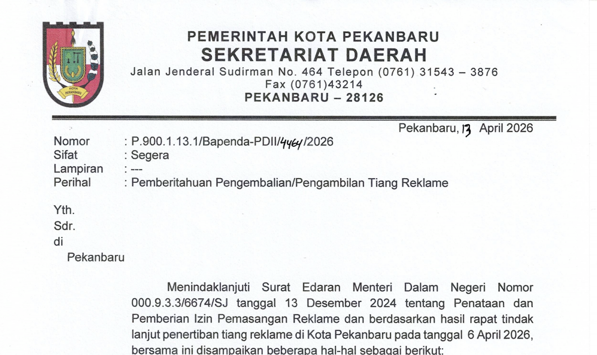 SURAT PEMBERITAHUAN PENGEMBALIAN/PENGAMBILAN TIANG REKLAME
