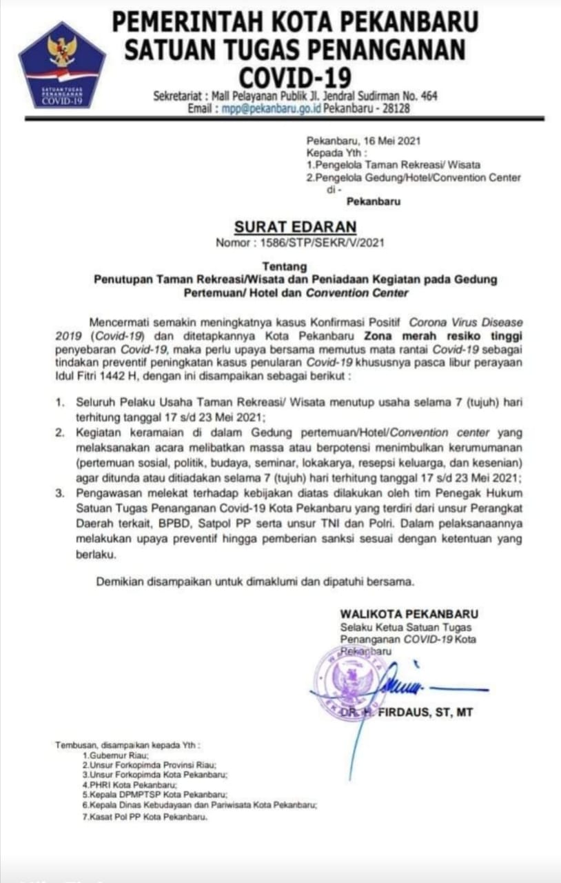 Surat Edaran tentang Penutupan Taman Rekreasi/Wisata dan Peniadaan Kegiatan pada Gedung Pertemuan/Hotel dan Convention Center
