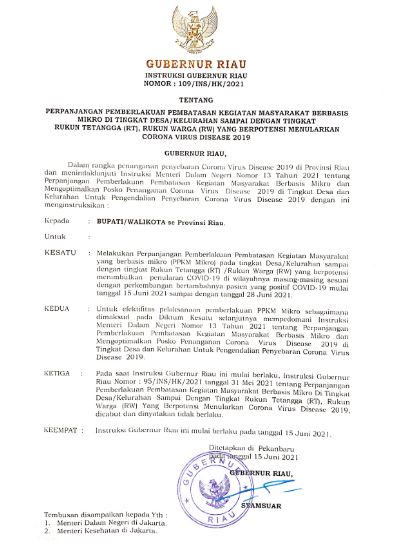 PERPANJANGAN PEMBERLAKUAN PEMBATASAN KEGIATAN MASYARAKAT BERBASIS MIKRO DI TINGKAT DESA/KELURAHAN SAMPAI DENGAN TINGKAT RUKUN TETANGGA (RT), RUKUN WARGA (RW) YANG BERPOTENSI MENULARKAN COVID-19