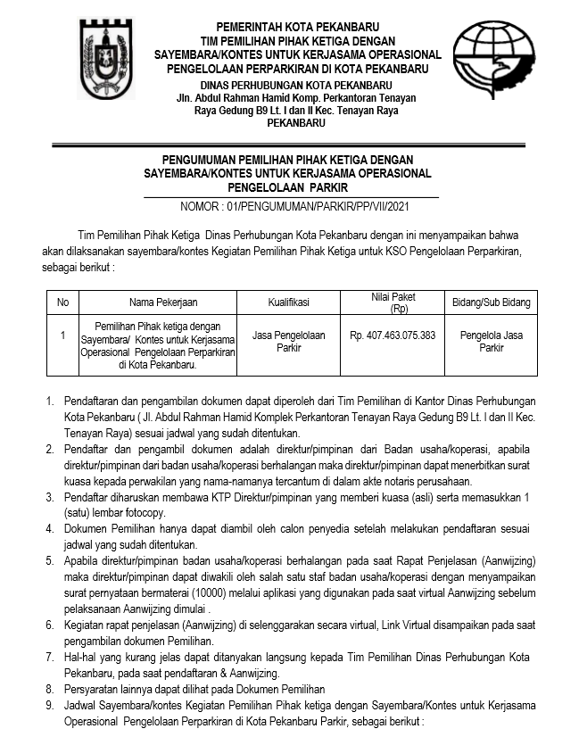 PENGUMUMAN PEMILIHAN PIHAK KETIGA DENGAN  SAYEMBARA/KONTES UNTUK KERJASAMA OPERASIONAL PENGELOLAAN PARKIR