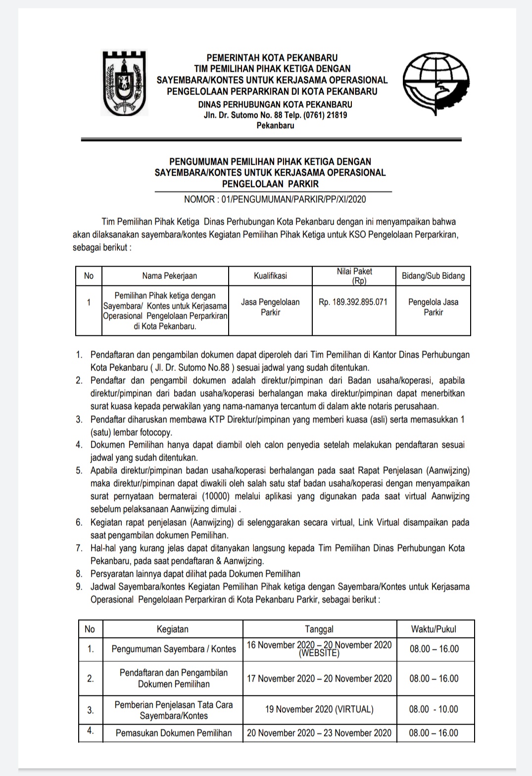 PENGUMUMAN PEMILIHAN PIHAK KETIGA DENGAN SAYEMBARA/KONTES UNTUK KERJASAMA OPERASIONAL PENGELOLAAN PARKIR