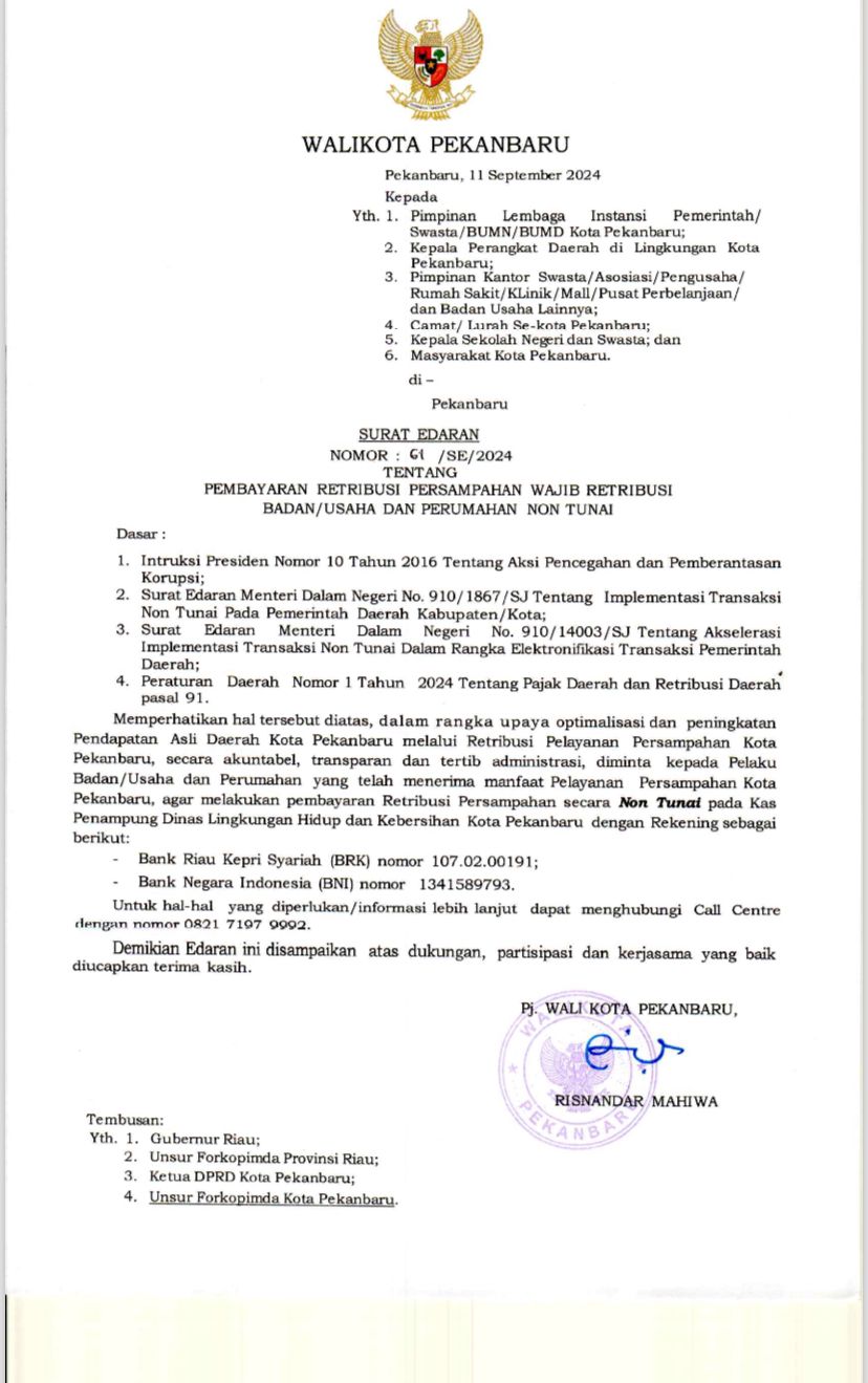 PEMBAYARAN RETRIBUSI PERSAMPAHAN WAJIB RETRIBUSI BADAN/USAHA DAN PERUMAHAN NON TUNAI