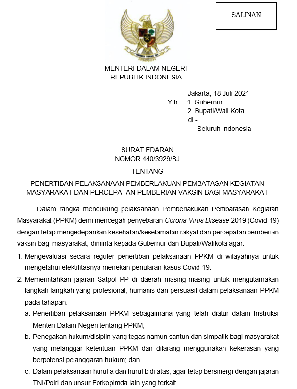 SURAT EDARAN MENDAGRI TENTANG PENERTIBAN PELAKSANAAN PPKM DAN PERCEPATAN PEMBERIAN VAKSIN BAGI MASYARAKAT
