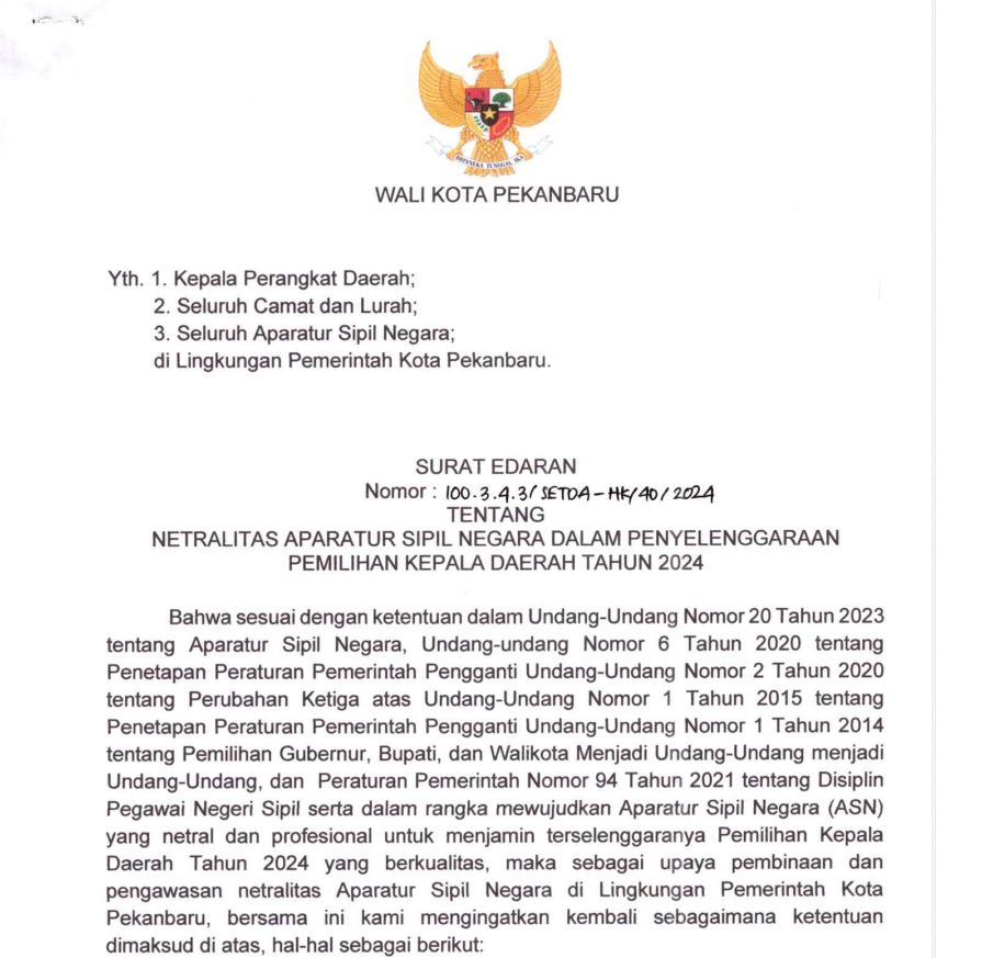 Surat Edaran Wali Kota Pekanbaru Tentang Netralitas ASN dalam Penyelenggaraan Pilkada Tahun 2024