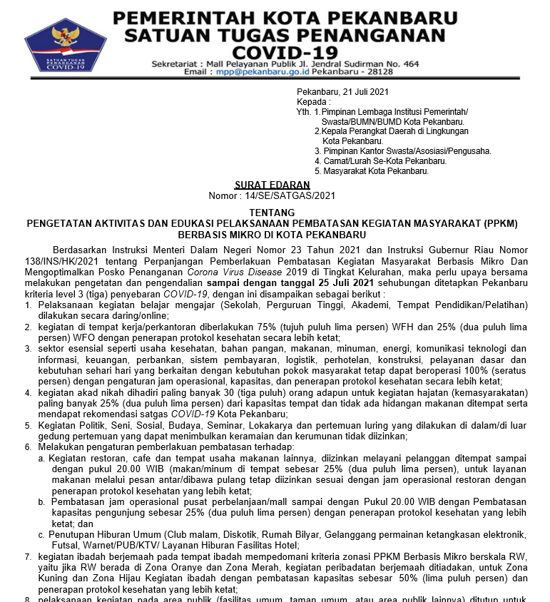 SURAT EDARAN TENTANG PENGETATAN AKTIVITAS DAN EDUKASI PELAKSANAAN PEMBATASAN KEGIATAN MASYARAKAT (PPKM) BERBASIS MIKRO DI KOTA PEKANBARU